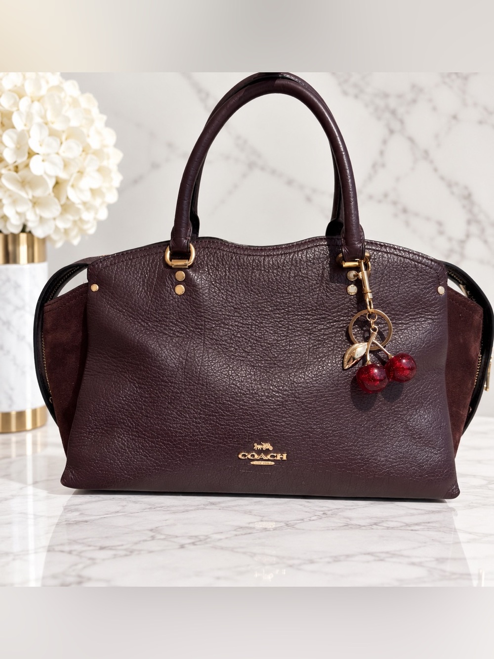 Coach Dark Brown/Burgundy Leather & Suede Satchel + Coordinating Wristlet - Picture 3 of 14